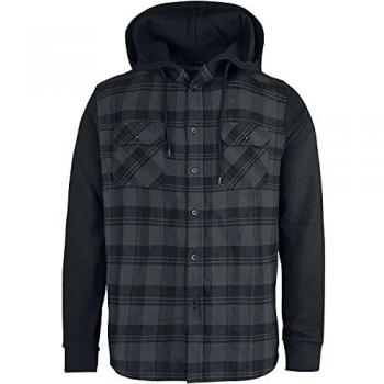 R.E.D. by EMP Hooded Checked Flanell Sweat Sleeve Shirt Hombre Camisa de Franela Negro/Gris XXL