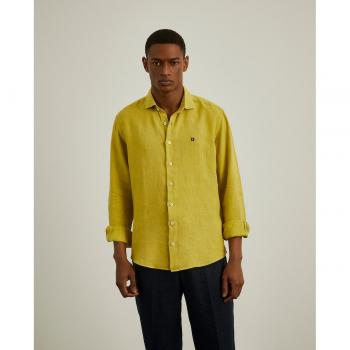 Lion of Porches - Camisa de lino de hombre corte regular con estampado liso en color verde
