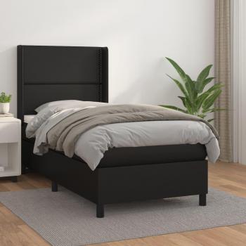 Cama box spring blanda con colchón negro 80x200 cm en cuero sintético