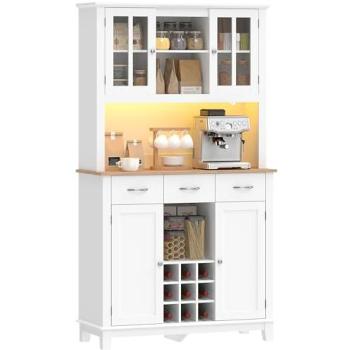 Alacena de Cocina Homcom con Iluminación LED Control por App, Encimera para Microondas, Botellero, Puertas de Vidrio, Estantes Abiertos y 3 Cajones, Blanco