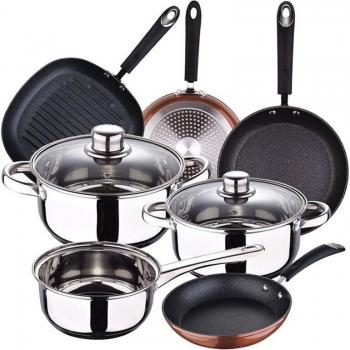 Batería de cocina San Ignacio Cassel de acero inoxidable con juego de sartenes (20/24/28 cm) y grill 28 cm San Ignacio Moma en aluminio forjado