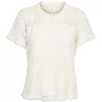 Cream Women's Lace Blouse - Short Sleeves, Round Neck, Regular Fit, Size L