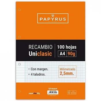 Unipapel Recambio Milimetrado, Hojas de 90 g, con Margen, 4 Taladros, Paper, Blanco, A4, 100
