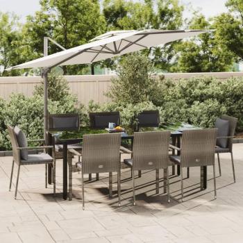 9-Piece Black and Grey Poly Rattan Garden Dining Set with Cushions