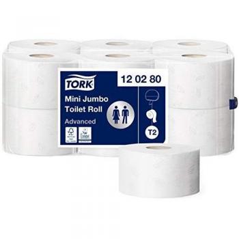 Tork 120280 Rollos de papel hihiénico mini Jumbo Advanced de 2 capas compatibles con el sistema higiénico minijumbo T2, 12 rollos
