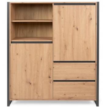 Aparador alto con 2 puertas, 2 cajones y compartimento abierto, acabado en antacite con perfiles, dimensiones de 120 x 40 x 140 cm