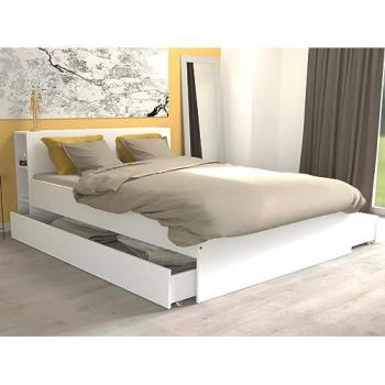 Cama con cabecero con compartimentos y cajones 140 x 190 cm - Blanco + Somier - EUGENE