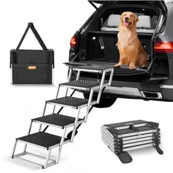 VEVOR Portable 5-Step Dog Car Ramp with Nonslip Surface, Lightweight Aluminum Folding Pet Steps for Vehicles