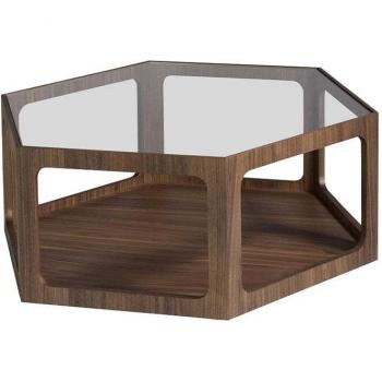 Mesa Centro Hexagonal Nogal 2023C - Características: Materiales de construcción en nogal y cristal, chapa de nogal, dimensiones 92 x 80 x 34 cm