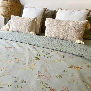 Funda Nórdica Estampada Verde Agua 100% Algodón Sostenible con 1 o 2 Fundas de Almohadas para Cama 90/135/150/180 cm - Diseño Pájaros