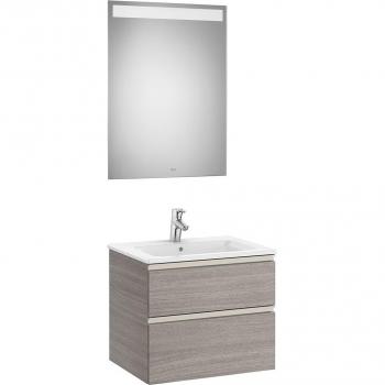 Conjunto de baño Roca The Gap con mueble de 2 cajones, lavabo y espejo con luz LED, acabado en roble city, medidas 600 mm