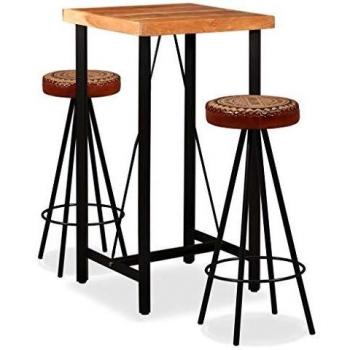 Acacia Wood Bar Set 3-Piece with Real Leather and Canvas