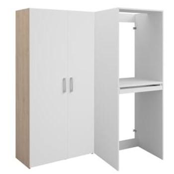 Mueble para lavadora y secadora con columna de doble puerta - Natural claro y blanco - 156 x 184 cm - ERKANO