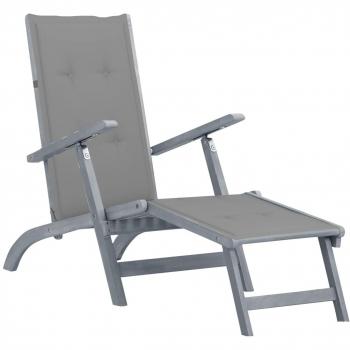 Solid Acacia Wood Outdoor Deck Chair with Footrest and Cushion