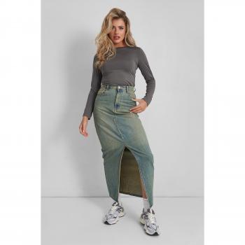 Split Front Denim Maxi Skirt Vintage Wash