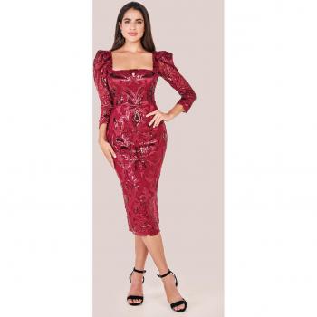 Wine Scalloped Lace Midi Dress with Square Neck