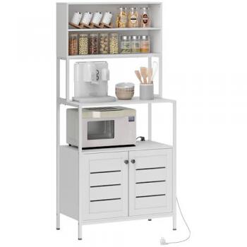 Estantería de Cocina Homcom con Toma de Corriente, Soporte para Microondas, 2 Puertas, 2 Puertos USB y Estructura de Acero Blanco - 80x42x171 cm