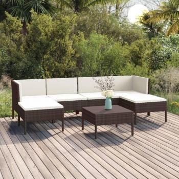 7-Piece Brown Poly Rattan Garden Lounge Set with Cushions