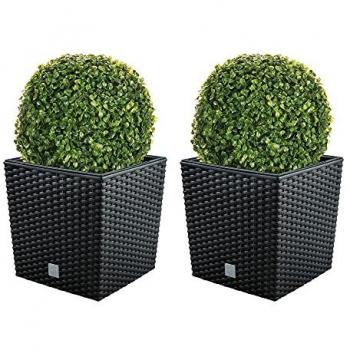Set Doble de Macetas Rato 32L con Cubilete Antracita y Bola de Boj Diámetro 27 cm para Interior y Exterior