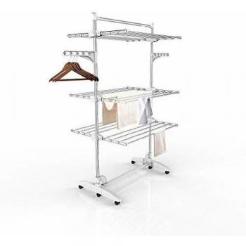 Todeco - Estante para Secado de Ropa, Tendedero - Material: Tubos de acero inoxidable - Carga máxima: 3 kg por barra de soporte - 3 estantes, Blanco, con alas y barra superior