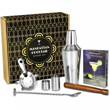 Bar@drinkstuff 2 - Paquete reciclable para uso doméstico con coctelera Manhattan, libro a color de 150 páginas gratuito, Strainer, Mortero, Bar Spoon, medidores de 25 ml y 50 ml, acero inoxidable