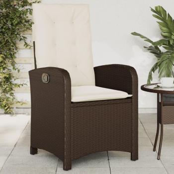 Silla de jardín reclinable con cojines de ratán sintético marrón