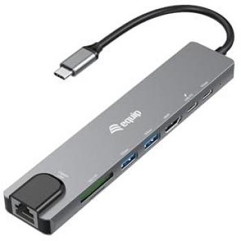 Adaptador USB-C a HDMI/GbE/3xUSB 3.2 Gen1/SD/TF con PD 100W y Docking Station, 8 Puertos, Alámbrico, Negro-Gris