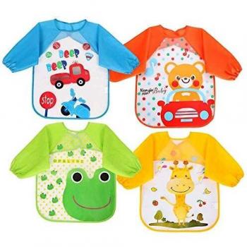 Vicloon Baberos del Bebé Impermeable,4pcs Delantal Ropa Babero Impermeable Infantil para Pintar con Mangas Largas de Bebé Unisexo Niños Niñas 6 Meses a 3 años Edad
