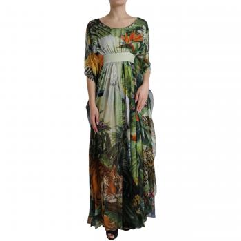 Dolce & Gabbana Elegant Jungle Print Maxi Silk Dress - IT36|XXS, Maxi Dresses, female, Multicolor, Size: 3XS Jungle Print Maxi Dress