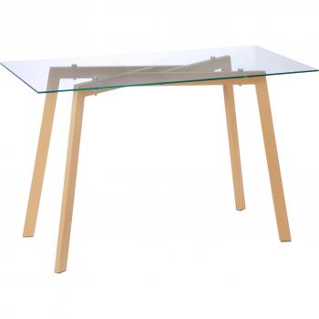 Mesa de Comedor para 4 Personas con Encimera de Cristal y Patas de Acero Efecto Madera 120x60x76 cm Transparente