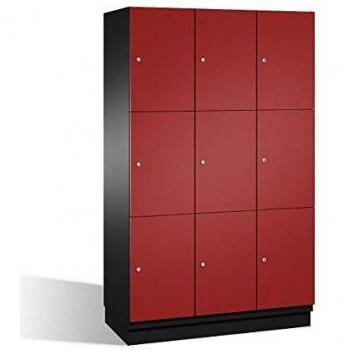 Armario de Compartimentos Bajo Llave C+P Cambio, 3 Secciones, Puertas de Acero, Color Negro y Rojo Rubí, Ancho 1200 mm