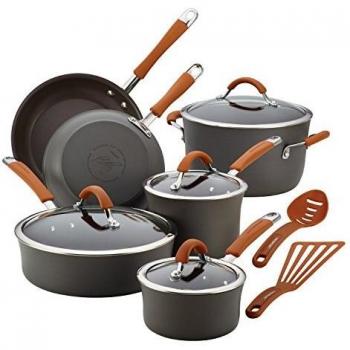 Rachael Ray Cucina Hard-Anodized Aluminum Nonstick Cookware Set, 12-Piece, Gray, Pumpkin Orange Handles