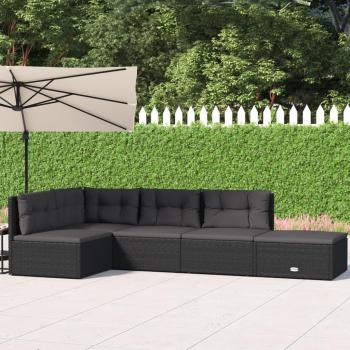 5 Piece Black Poly Rattan Garden Lounge Set with Cushions