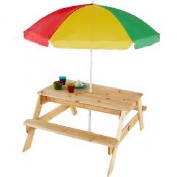 Mesa de picnic con sombrilla Ciruela Plum - Mesa de picnic con sombrilla, diseño portátil, estructura de acero resistente, superficie de madera compuesta, incluye sombrilla ajustable y plegable, capacidad para 4-6 personas