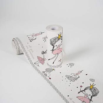 Cenefa Adhesiva Infantil Princesa Mágica Rosa, Gris y Blanco para Habitaciones de Niñas - 5.00 m x 15.5 cm