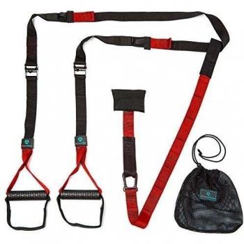 Arnés de suspensión »Alexandros« / Arnés - Suspensión - Entrenamiento / Agarres antideslizantes incl. anclaje para puerta, sujeción con mosquetón y bolsa de transporte / rojo