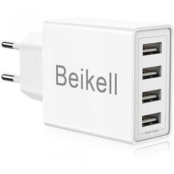 Beikell Cargador USB de Pared con 4 Puertos, 5A/25W Rápido Cargador Móvil, Cargador USB Multipuerto Enchufe Europeo para Phone X/XS/XS MAX/XR, iPad Pro/Air, Android y más