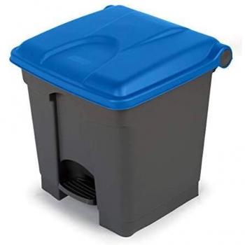 Colector de residuos con pedal 30L, dimensiones 410x435x400 mm, color gris y tapa azul