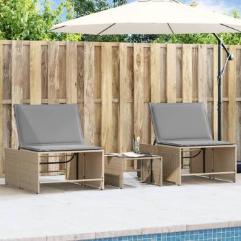 Tomas de sol 2 PC con mesa beige en Polyrattan - Tumbonas con mesita 2 unidades ratán sintético beige