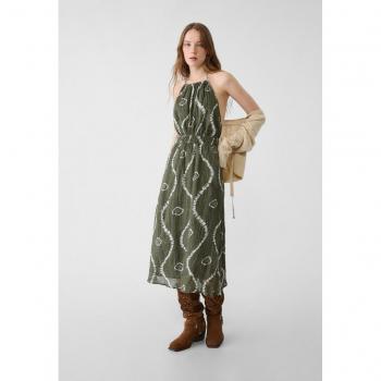Flowing Printed Halter Midi Dress - Khaki S