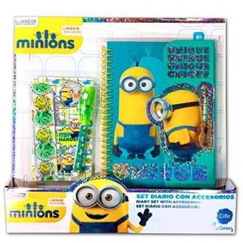 MINIONS - Agenda Espiral Glitter con Accesorios, Color Azul