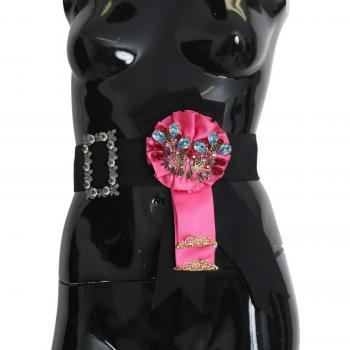 Dolce & Gabbana Black Pink Flower Brooch Crystals Cotton Belt - IT40|S, Size: XS Baroque Crystal Waist Belt with Flower Brooches