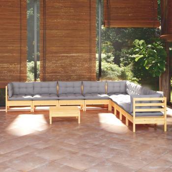 10-Piece Solid Pinewood Garden Lounge Set with Gray Cushions