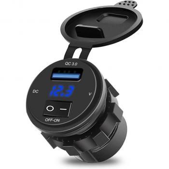 Cargador USB LED de Coche y Motocicleta con Interruptor ON-OFF, Pantalla Digital y Voltímetro, Carga Rápida 3.0