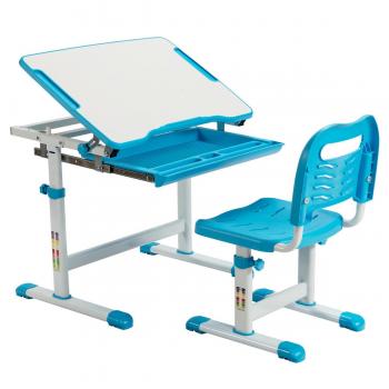 Set de Escritorio y Silla para Niños con Altura Regulable, Superficie Inclinable y Cajón Extraíble (Azul)