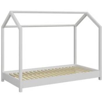 Cama Infantil Casa 90x200 en Pino Macizo Blanco Sin Cajón, Sin Colchón