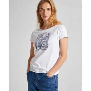 Pepe Jeans Women's Jury T-Shirt - Short Sleeve, Graphic Print, Sustainable Cotton, White/Blue