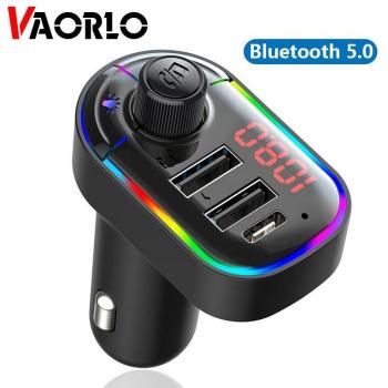 Cargador de Auto VAORLO Bluetooth 5.0 FM QC3.1 Carga Rápida Doble Puerto USB con Luz RGB y Soporte para Llamadas Manos Libres
