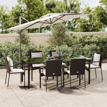 7 Piece Black Poly Rattan Garden Dining Set with Cushions