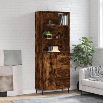 Aparador alto de madera contrachapada en roble ahumado, dimensiones 69,5x34x180 cm, con 1 puerta y 3 cajones, mueble de almacenaje para salón, buffet y armario